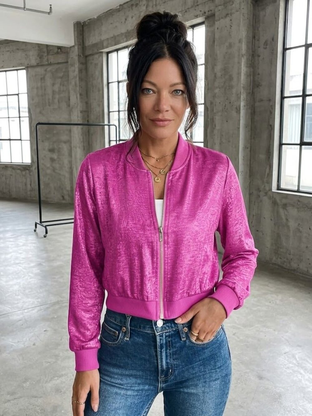 Pink Shiny Leightweight Short Zip Jacket